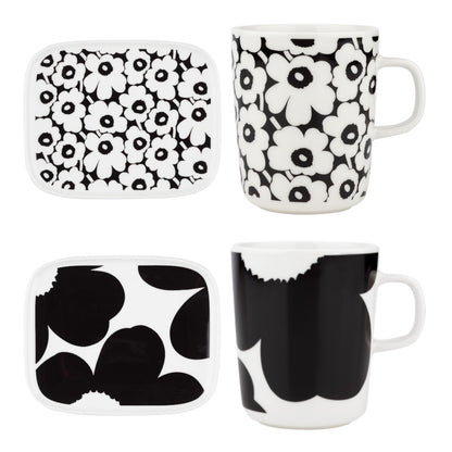Marimekko Oiva/Unikko 4 Piece Mug and Plate Set - Black/White