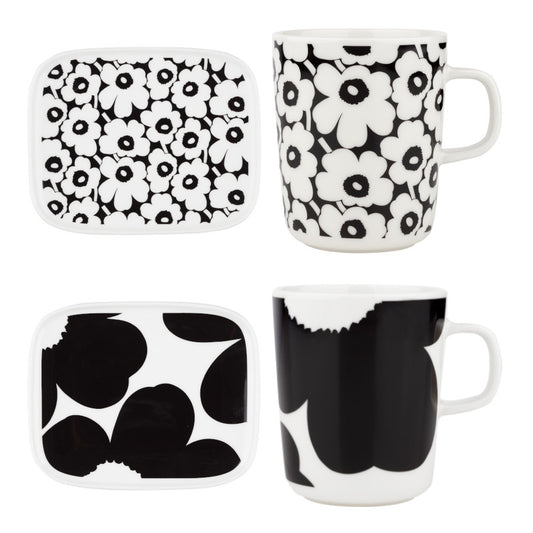 Marimekko Oiva/Unikko 4 Piece Mug and Plate Set - Black/White